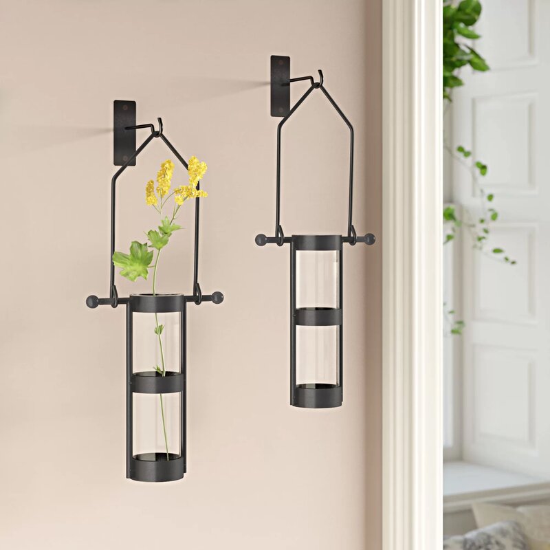 Garwood 2 Piece Clear Glass, Black Frame Wall Vase Set (Set of 2