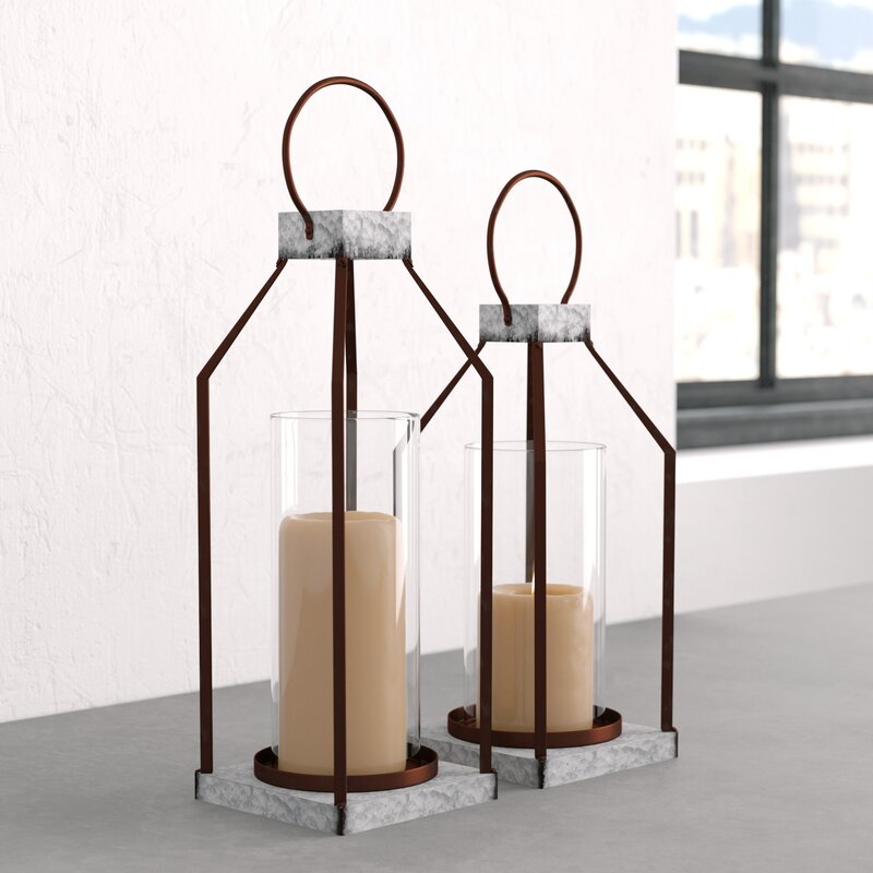 Rigia 2 Piece Gray/Brown Metal Lantern Candle Holder Set