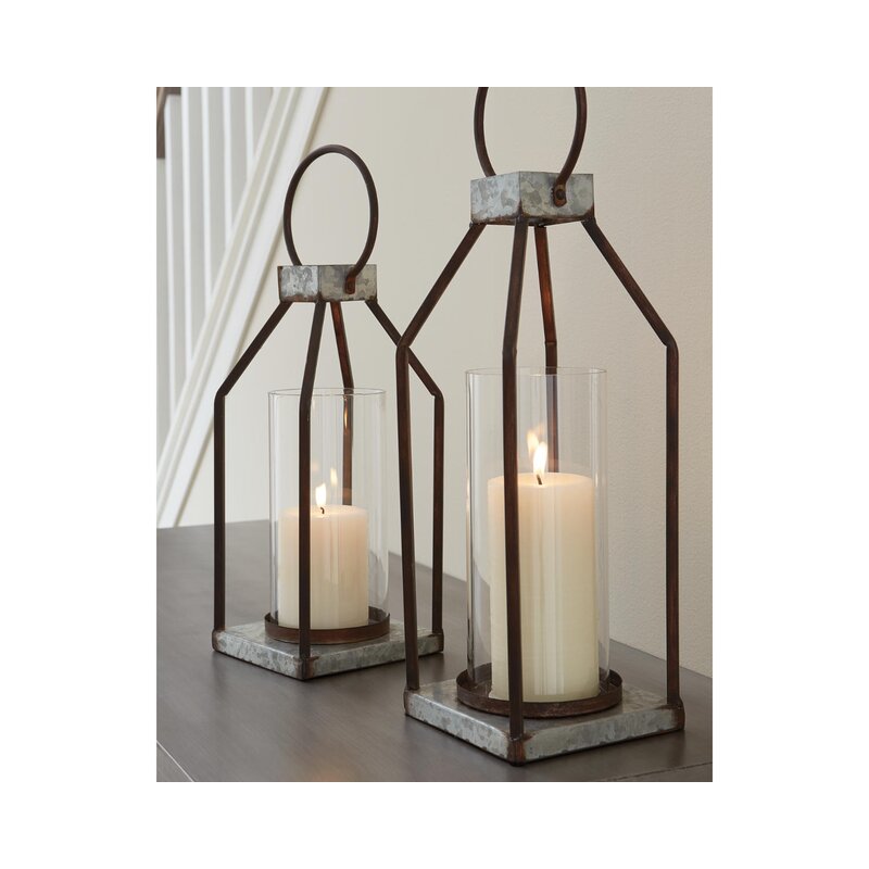 Rigia 2 Piece Gray/Brown Metal Lantern Candle Holder Set