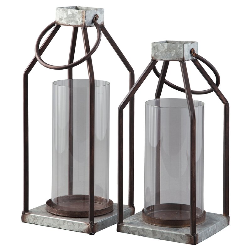 Rigia 2 Piece Gray/Brown Metal Lantern Candle Holder Set
