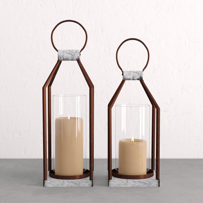 Rigia 2 Piece Gray/Brown Metal Lantern Candle Holder Set