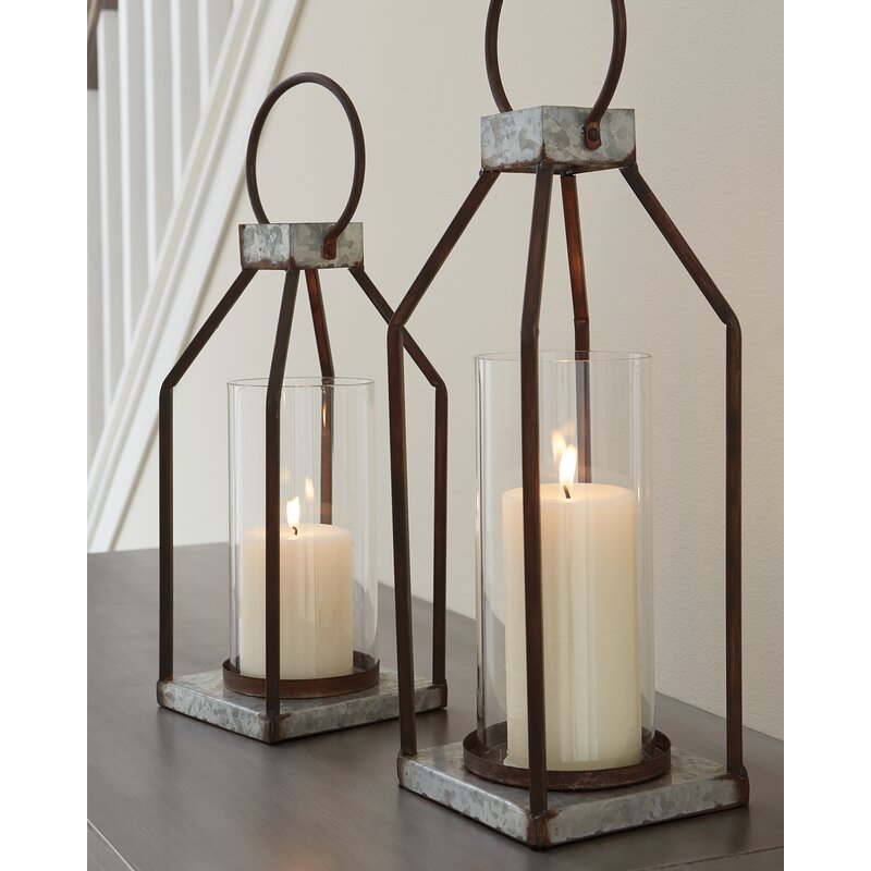 Rigia 2 Piece Gray/Brown Metal Lantern Candle Holder Set