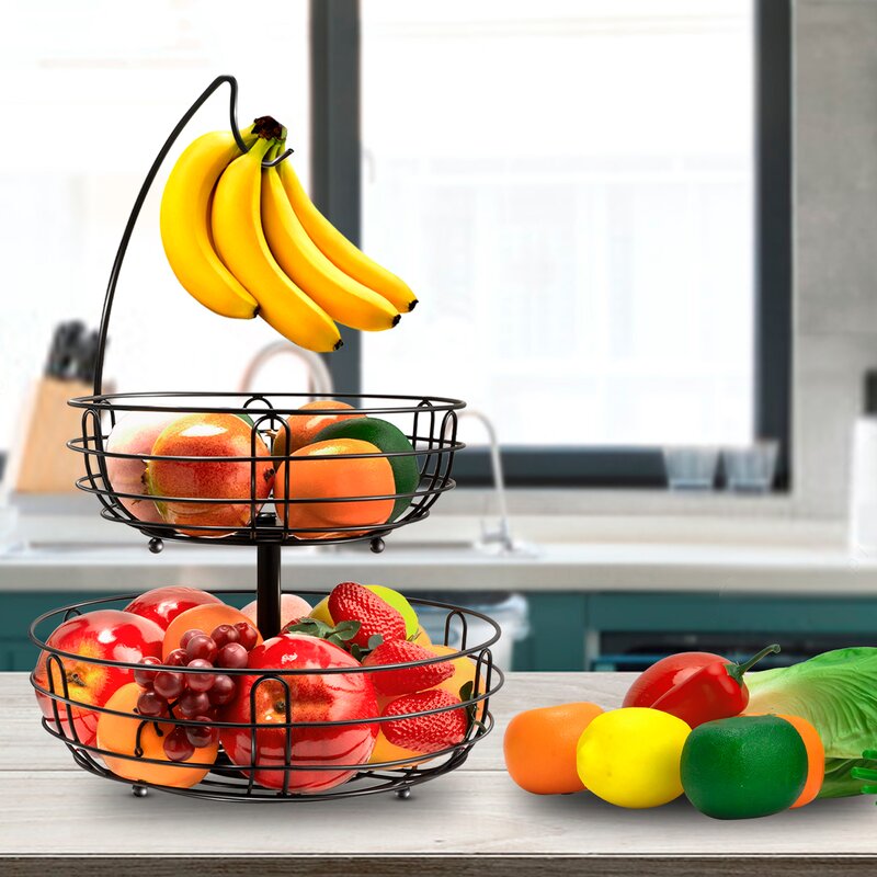 Wright 2 Tiers Metal Fruit Stand Vegetables Basket With Banana Hanger Countertop Fruit Basket