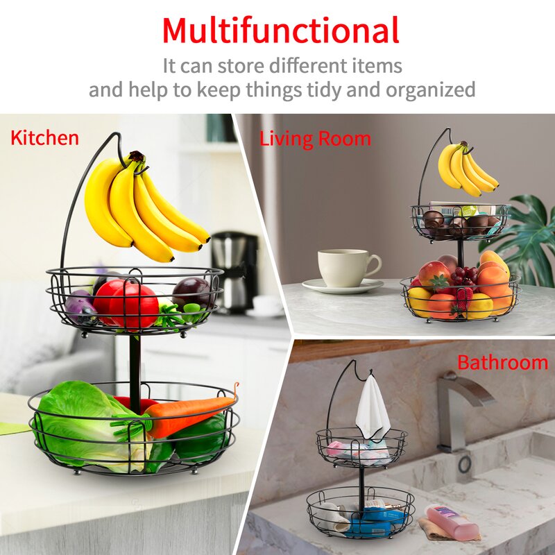 Wright 2 Tiers Metal Fruit Stand Vegetables Basket With Banana Hanger Countertop Fruit Basket