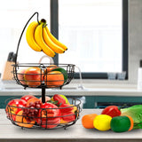 Wright 2 Tiers Metal Fruit Stand Vegetables Basket With Banana Hanger Countertop Fruit Basket