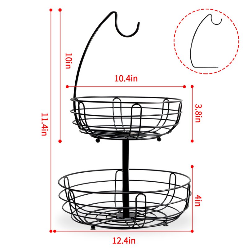 Wright 2 Tiers Metal Fruit Stand Vegetables Basket With Banana Hanger Countertop Fruit Basket