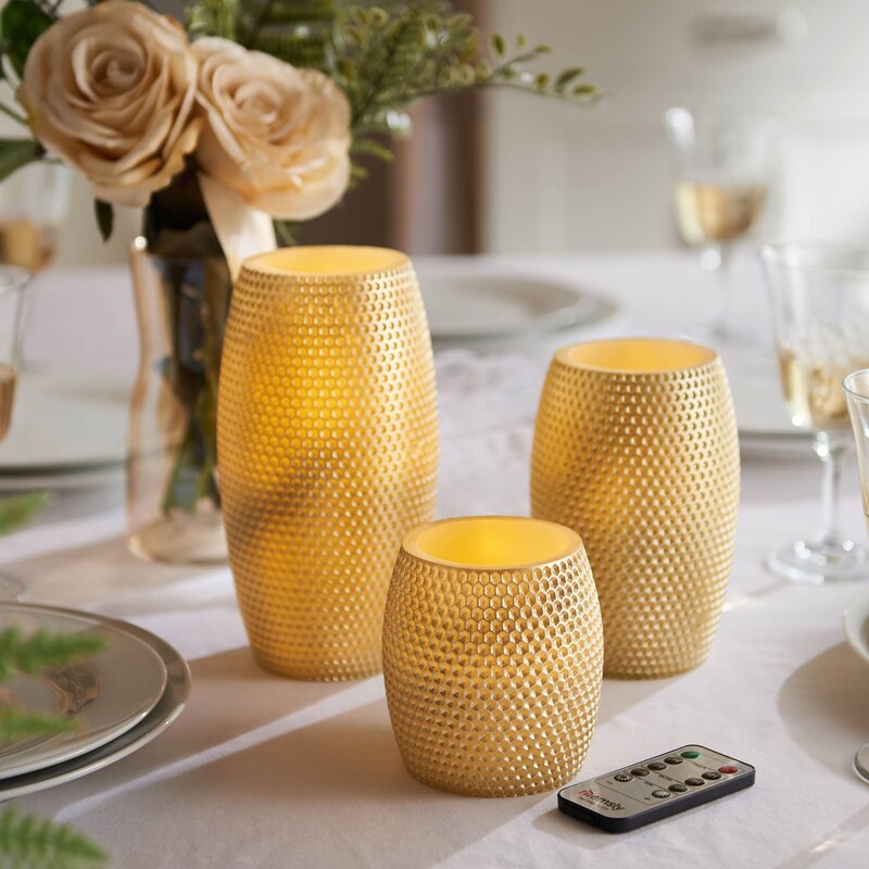 Icango 3 Piece Gold Barrel Shaped LED Unscented Flameless Pillar Candle Set with Remote