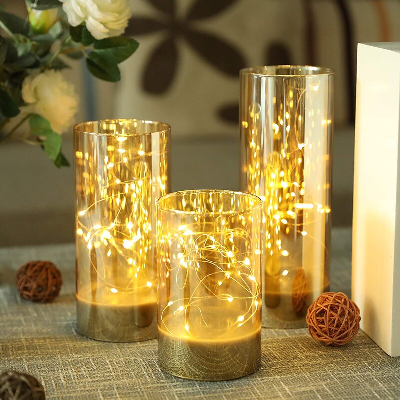 Stanbourg 3 Piece LED String Lights Flickering Unscented Flameless Pillar Candle Set with Remote