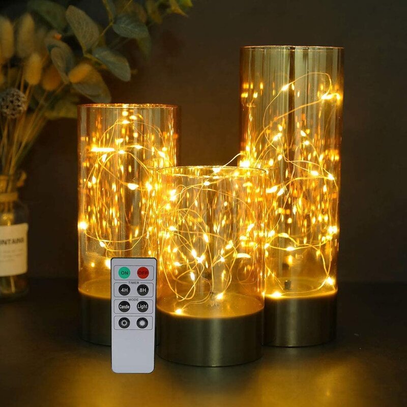 Stanbourg 3 Piece LED String Lights Flickering Unscented Flameless Pillar Candle Set with Remote