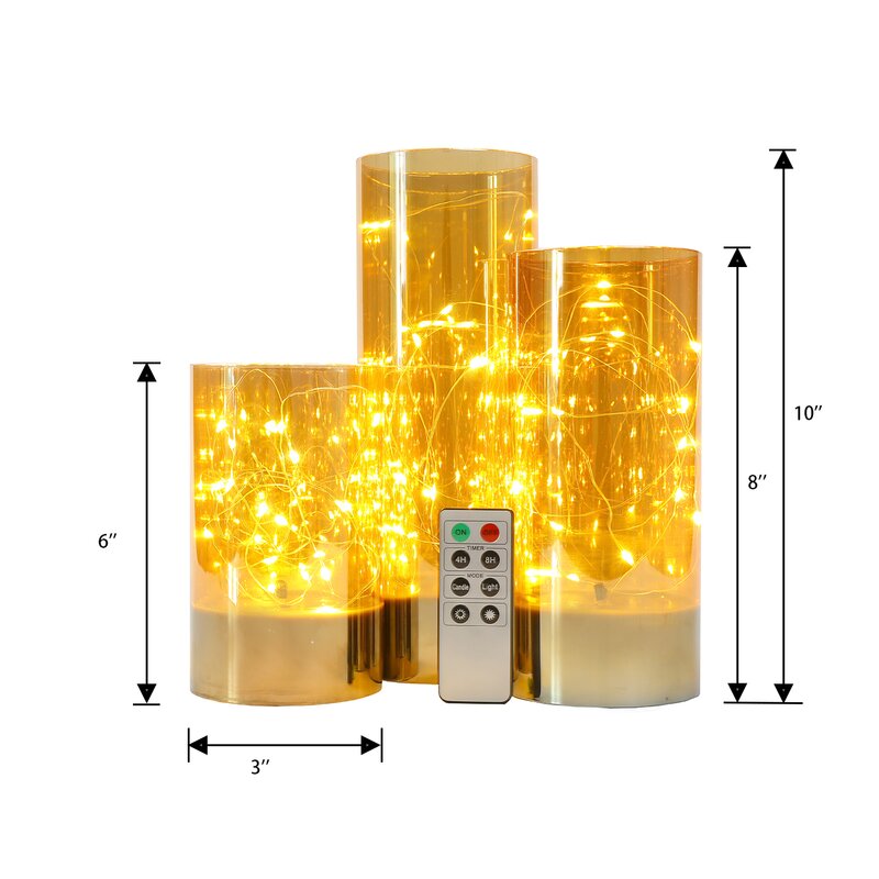 Stanbourg 3 Piece LED String Lights Flickering Unscented Flameless Pillar Candle Set with Remote