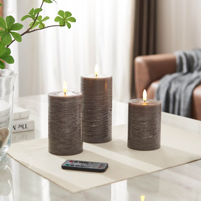 Stansia 3 Piece Marble Textured LED Unscented Flameless Pillar Candle Set with Remote