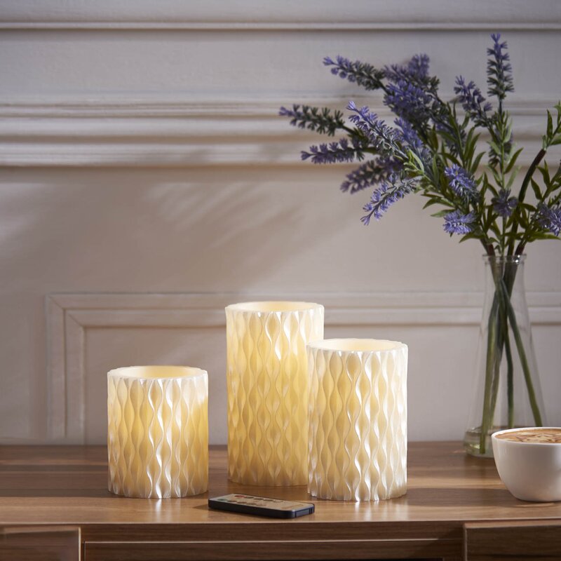 Phinin 3 Piece Pearlescent Wavy Texture LED Unscented Flameless Candle Set with Remote