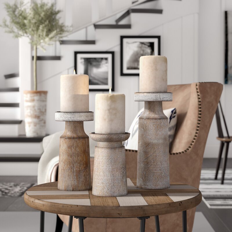 Mama 3 Piece Wood/Iron Tabletop Candlestick Set