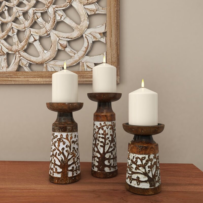 Mama 3 Piece Wood/Iron Tabletop Candlestick Set