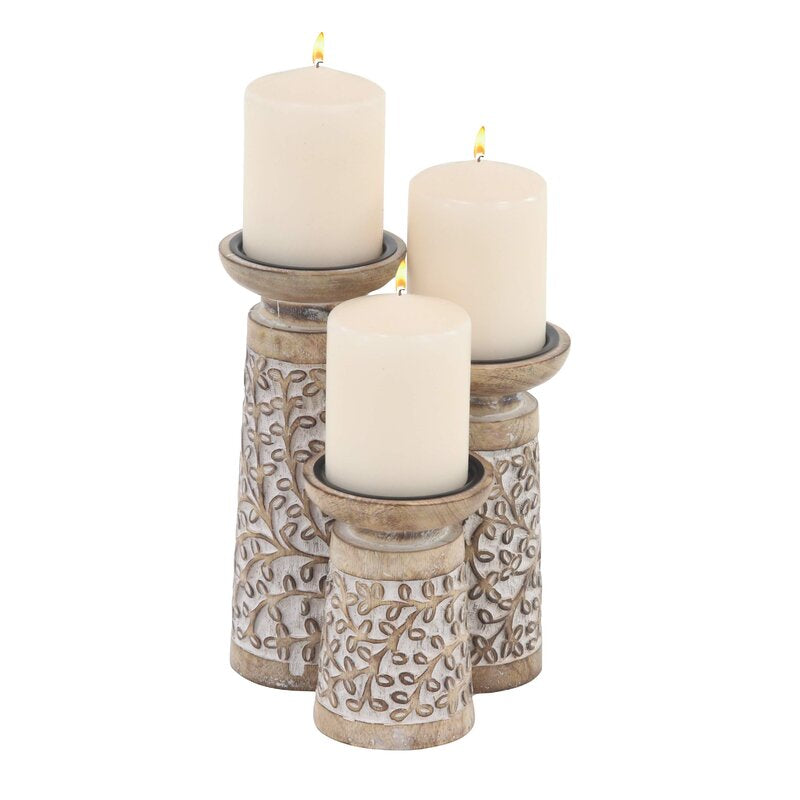 Mama 3 Piece Wood/Iron Tabletop Candlestick Set