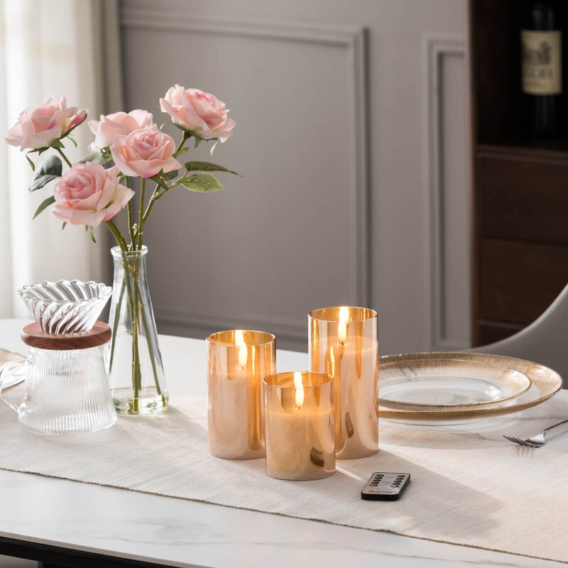 Saintmy 3 Piece Silver/Gold Unscented Flameless Pillar Candle Set with Remote