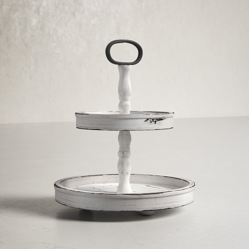 Puatral 2-Tiered Stand Round Solid Wood Serving Tray