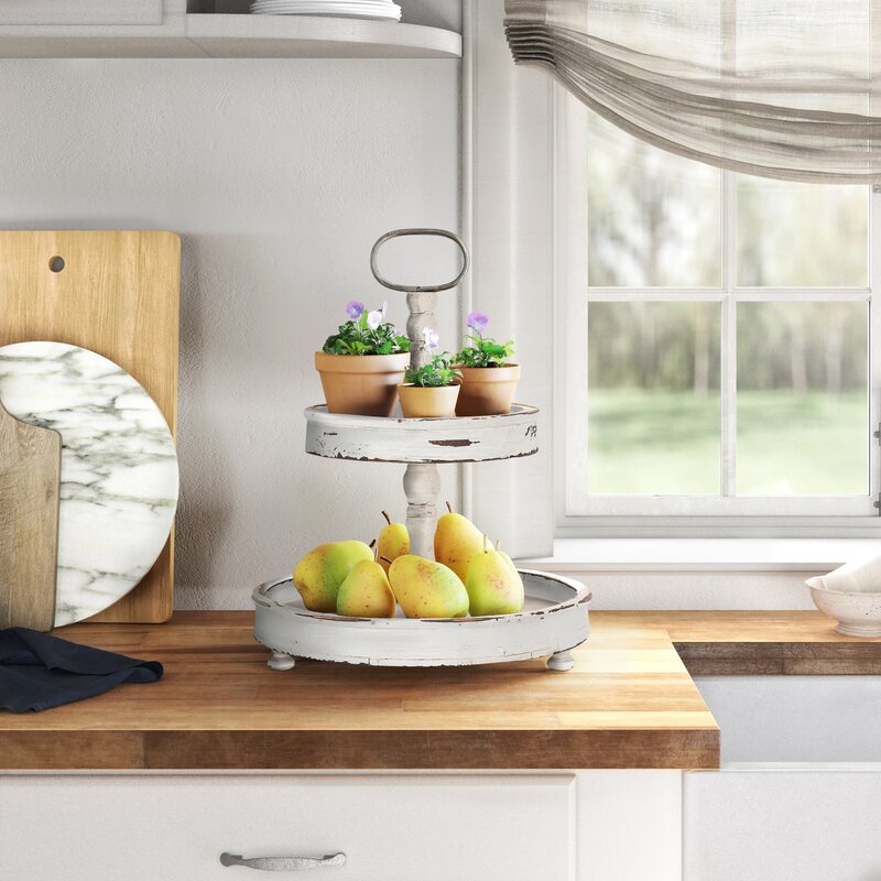 Puatral 2-Tiered Stand Round Solid Wood Serving Tray