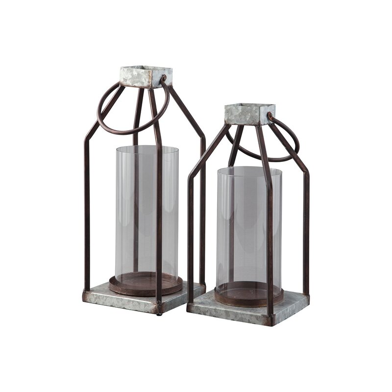 Rigia 2 Piece Gray/Brown Metal Lantern Candle Holder Set