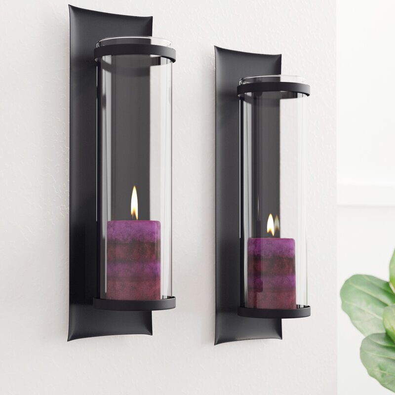 Maina 2 Piece Indoor / Outdoor Glass/Iron Wall Sconce Candle Holder Set (Set of 2)
