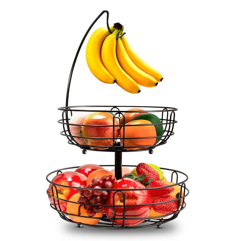 Wright 2 Tiers Metal Fruit Stand Vegetables Basket With Banana Hanger Countertop Fruit Basket
