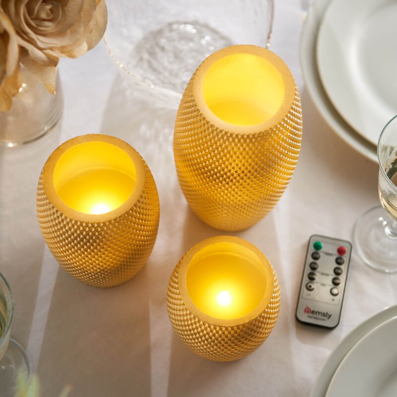 Icango 3 Piece Gold Barrel Shaped LED Unscented Flameless Pillar Candle Set with Remote