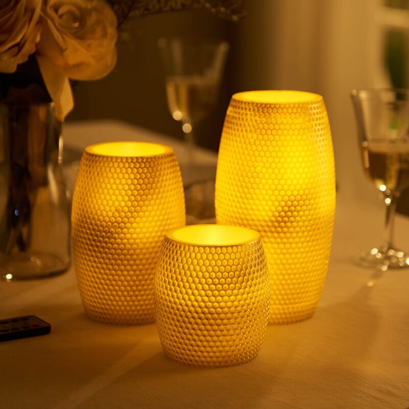 Icango 3 Piece Gold Barrel Shaped LED Unscented Flameless Pillar Candle Set with Remote