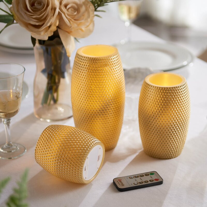 Icango 3 Piece Gold Barrel Shaped LED Unscented Flameless Pillar Candle Set with Remote