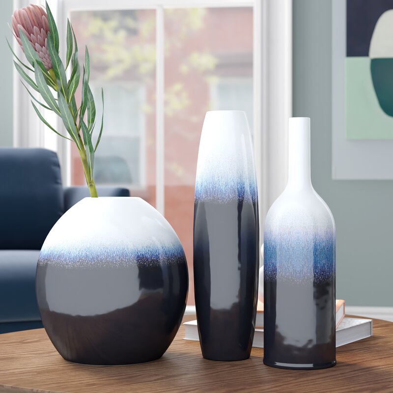 Seyla 3 Pieces Navy/White/Black Indoor / Outdoor Ceramic Table Vase Set