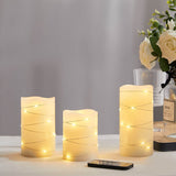 Niatu 3 Piece String of Lights LED Unscented Flameless Pillar Candle Set with Remote