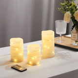 Niatu 3 Piece String of Lights LED Unscented Flameless Pillar Candle Set with Remote