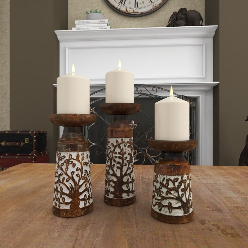 Mama 3 Piece Wood/Iron Tabletop Candlestick Set