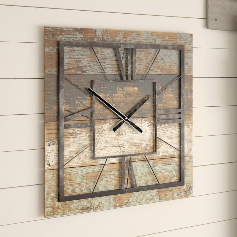 Sodos Oversized Gray/Brown Square Wood 23.5" Wall Clock