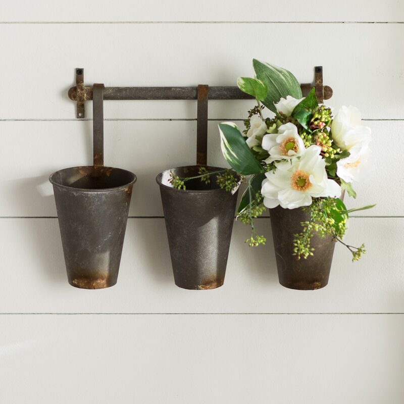 Iona Rusted Brown Wall Rack and 3 Tin Pot with Hanger Wall Decor