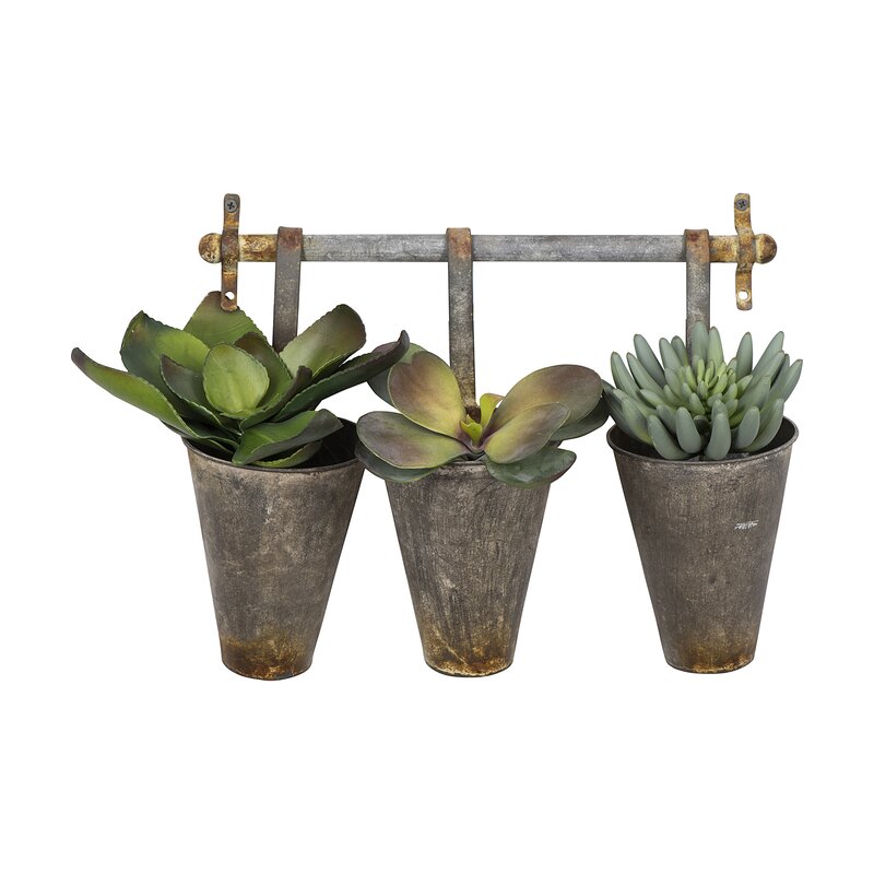 Iona Rusted Brown Wall Rack and 3 Tin Pot with Hanger Wall Decor