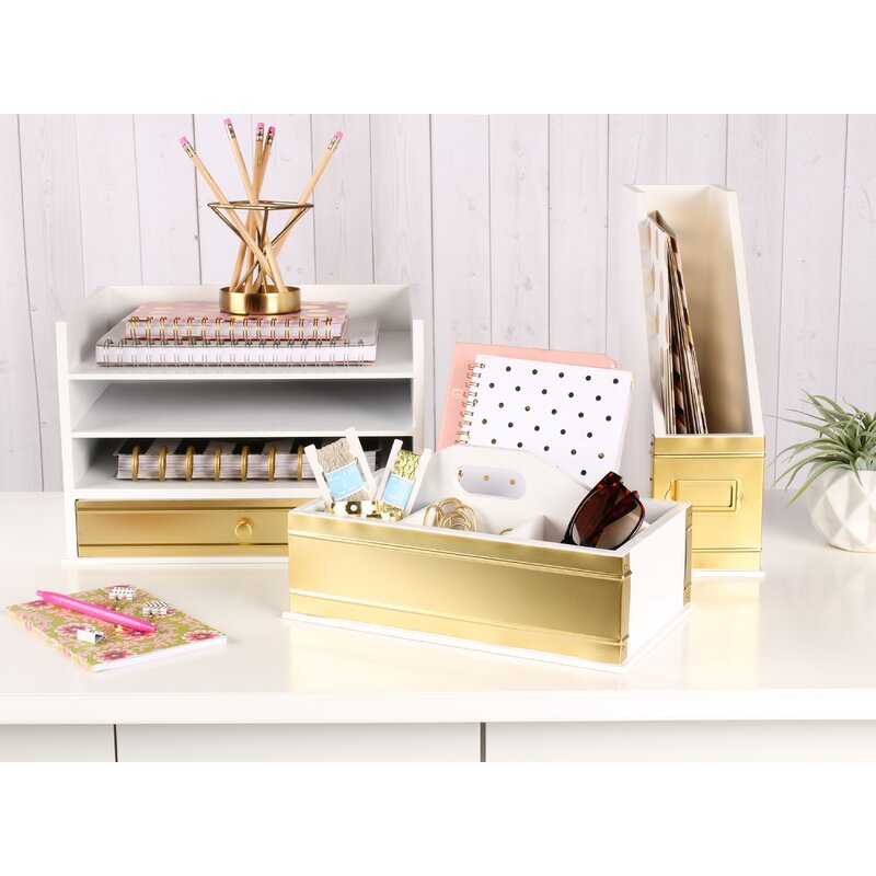 Guajan Desktop Wood Letter Tray with 3 Trays and Drawer