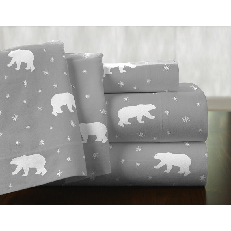 Ricode Bear Print Gray 100% Cotton Flannel Sheet Set
