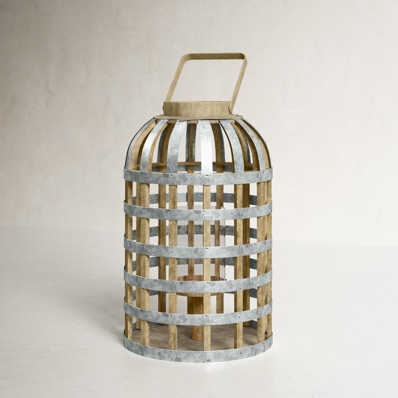 Rani Silver/Brown Glass-Metal-Wood Tabletop Lantern