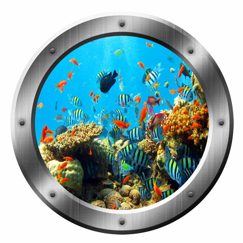 Stevie Underwater Silver Porthole Window School of Fish Scene Peel and Stick Removable Wall Decal