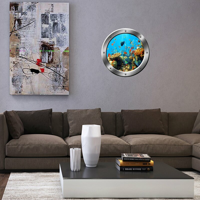 Stevie Underwater Silver Porthole Window School of Fish Scene Peel and Stick Removable Wall Decal