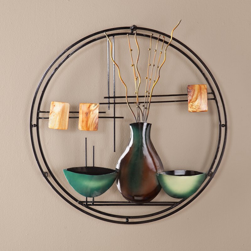 Cecilton Glass Vase and Bowl Wall Decor on a Metal Circle Frame