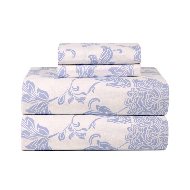 Rascot Blue Floral 100% Cotton Flannel Sheet Set