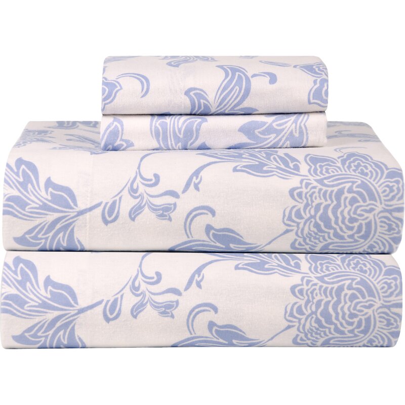 Rascot Blue Floral 100% Cotton Flannel Sheet Set